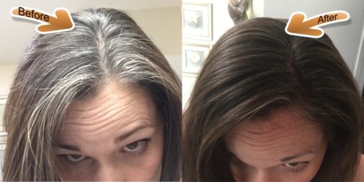 Before and after a henna application on grey hair.