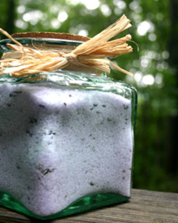 homemade bath salts, lavender relaxation mix, in a jar ready to be gifted to a friend